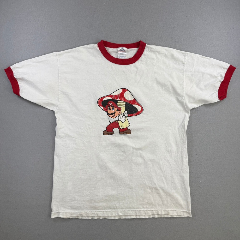 Vintage Super Mario Ringer T-Shirt Men XL White Red Nintendo Video Game Y2K 2002